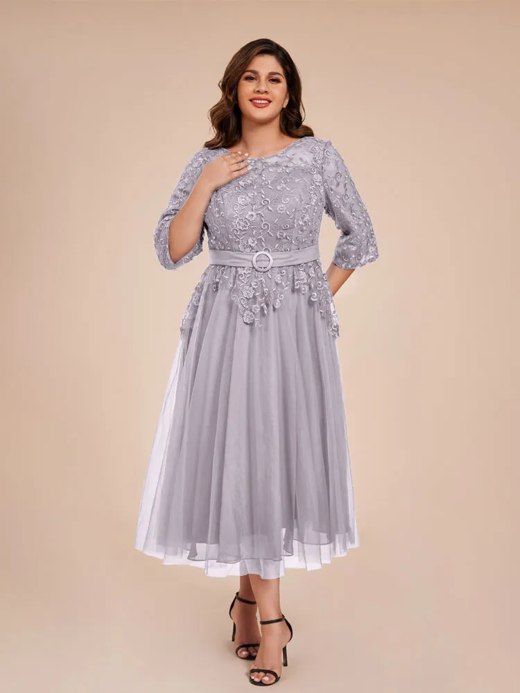 Lace Bodice 3/4 Length Sleeves Tea-Length Chiffon Mother Of The Bride Dress With Belt