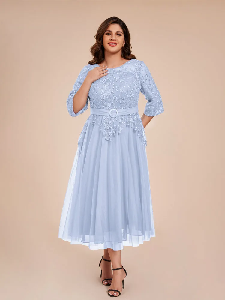 Lace Bodice 3/4 Length Sleeves Tea-Length Chiffon Mother Of The Bride Dress With Belt