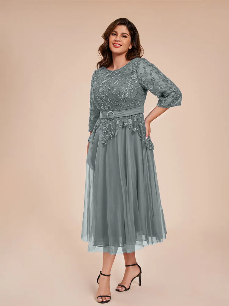 Lace Bodice 3/4 Length Sleeves Tea-Length Chiffon Mother Of The Bride Dress With Belt