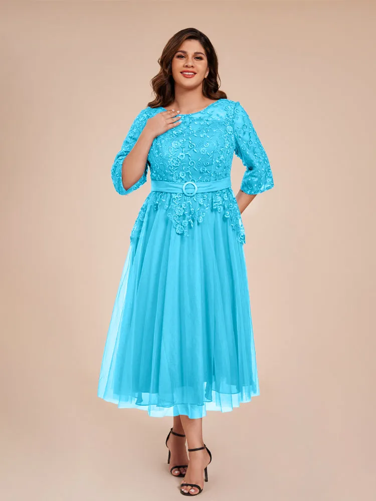 Lace Bodice 3/4 Length Sleeves Tea-Length Chiffon Mother Of The Bride Dress With Belt