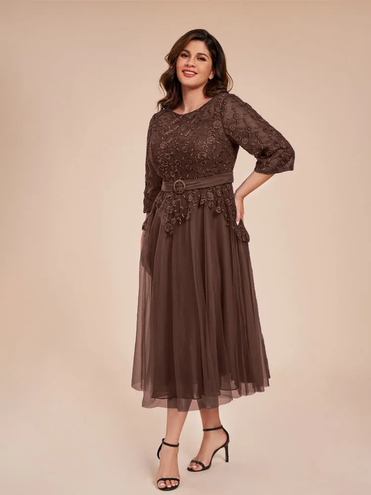 Lace Bodice 3/4 Length Sleeves Tea-Length Chiffon Mother Of The Bride Dress With Belt