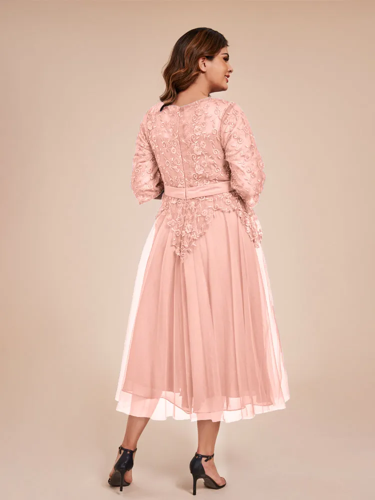 Lace Bodice 3/4 Length Sleeves Tea-Length Chiffon Mother Of The Bride Dress With Belt