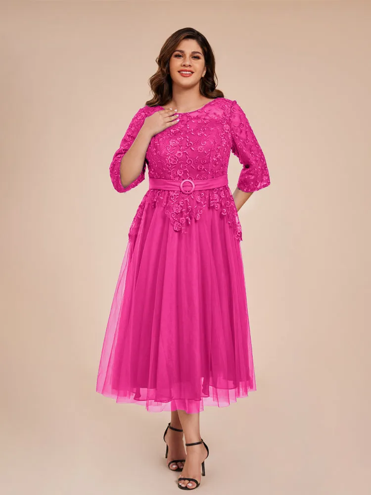 Lace Bodice 3/4 Length Sleeves Tea-Length Chiffon Mother Of The Bride Dress With Belt