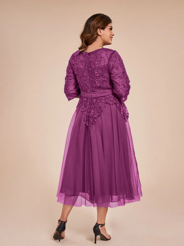 Lace Bodice 3/4 Length Sleeves Tea-Length Chiffon Mother Of The Bride Dress With Belt