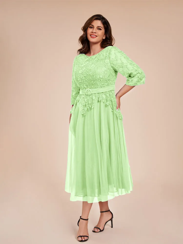 Lace Bodice 3/4 Length Sleeves Tea-Length Chiffon Mother Of The Bride Dress With Belt
