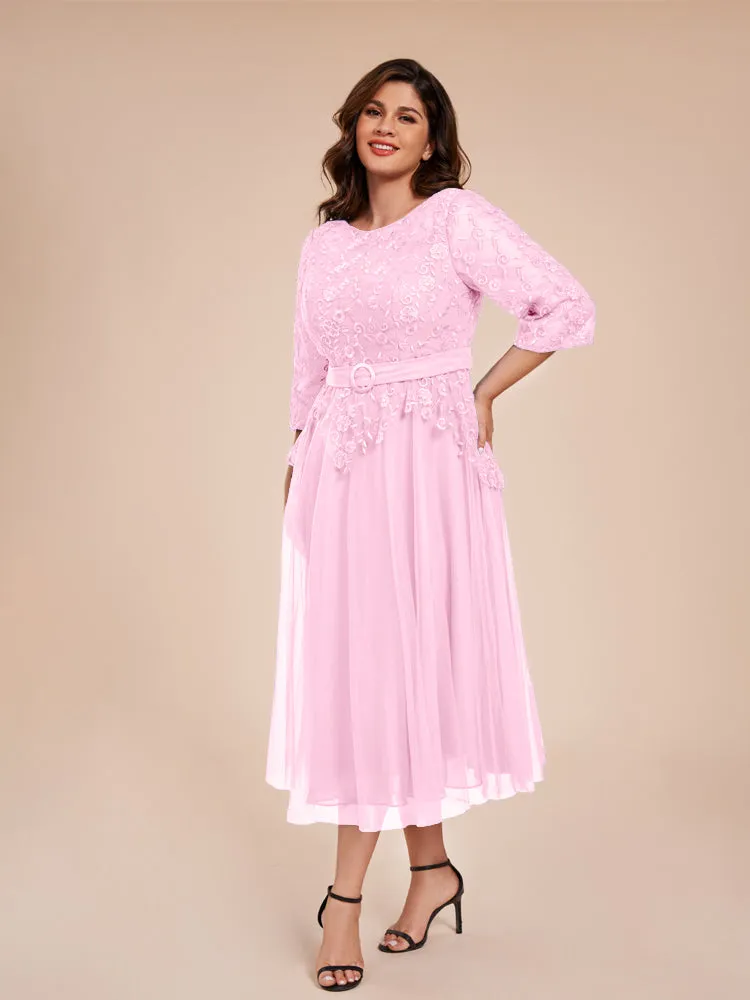 Lace Bodice 3/4 Length Sleeves Tea-Length Chiffon Mother Of The Bride Dress With Belt