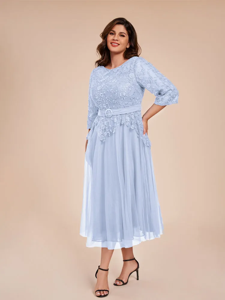Lace Bodice 3/4 Length Sleeves Tea-Length Chiffon Mother Of The Bride Dress With Belt