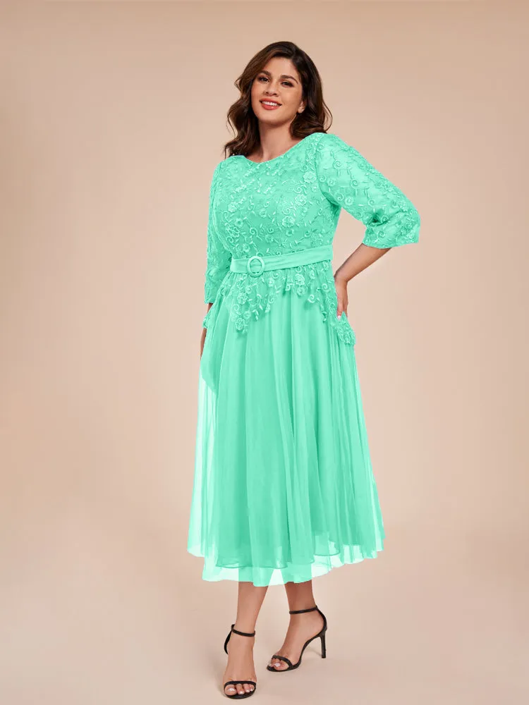 Lace Bodice 3/4 Length Sleeves Tea-Length Chiffon Mother Of The Bride Dress With Belt