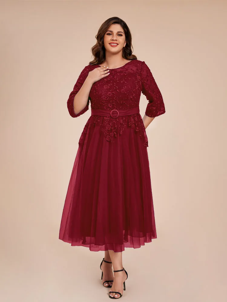 Lace Bodice 3/4 Length Sleeves Tea-Length Chiffon Mother Of The Bride Dress With Belt