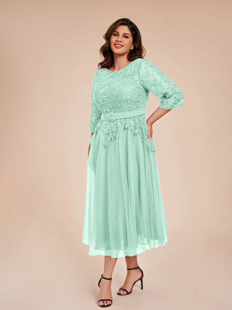Lace Bodice 3/4 Length Sleeves Tea-Length Chiffon Mother Of The Bride Dress With Belt