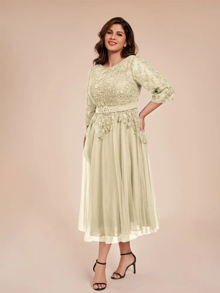 Lace Bodice 3/4 Length Sleeves Tea-Length Chiffon Mother Of The Bride Dress With Belt
