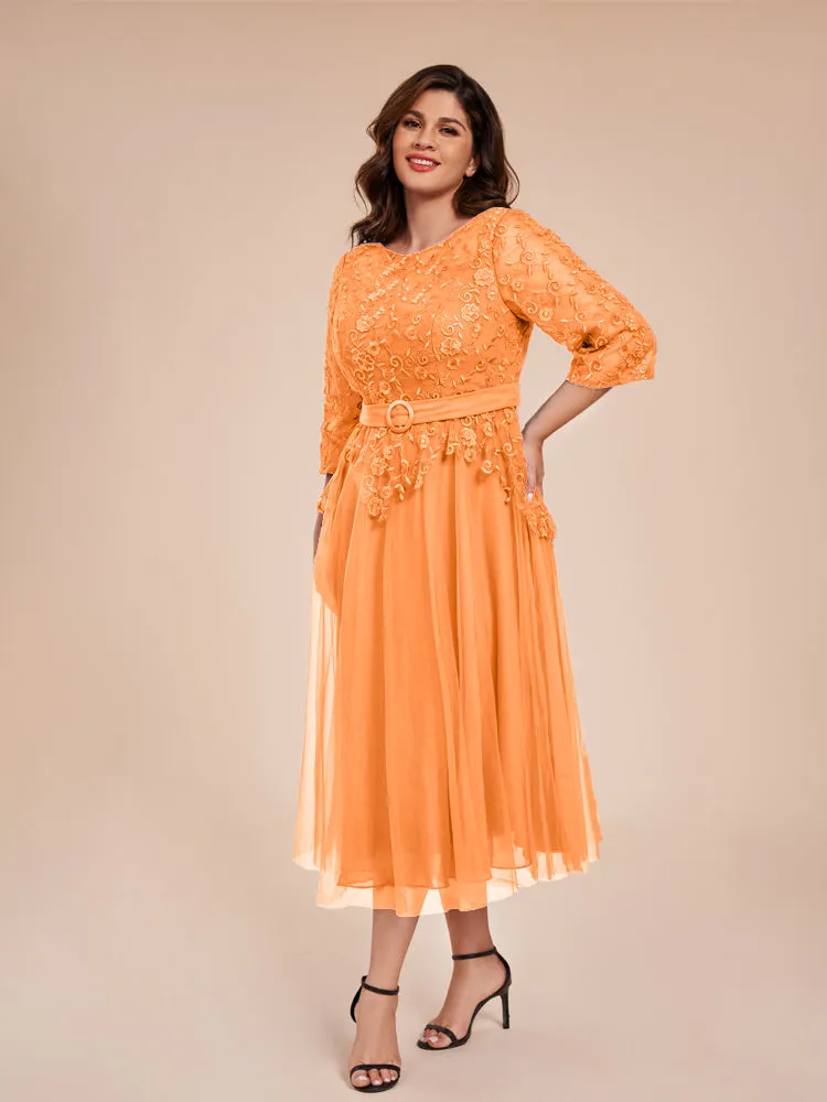 Lace Bodice 3/4 Length Sleeves Tea-Length Chiffon Mother Of The Bride Dress With Belt