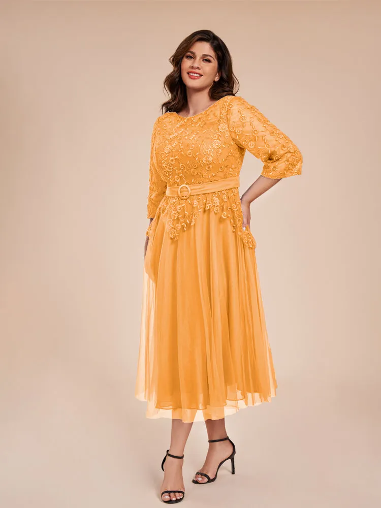 Lace Bodice 3/4 Length Sleeves Tea-Length Chiffon Mother Of The Bride Dress With Belt