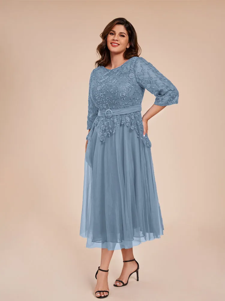 Lace Bodice 3/4 Length Sleeves Tea-Length Chiffon Mother Of The Bride Dress With Belt