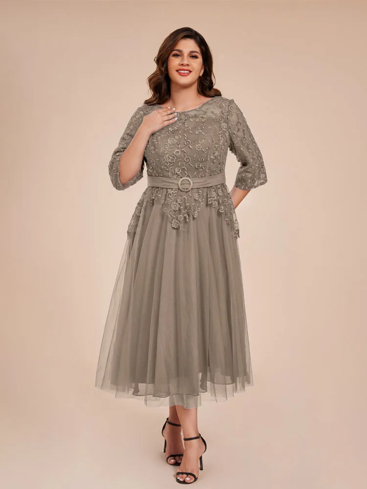 Lace Bodice 3/4 Length Sleeves Tea-Length Chiffon Mother Of The Bride Dress With Belt