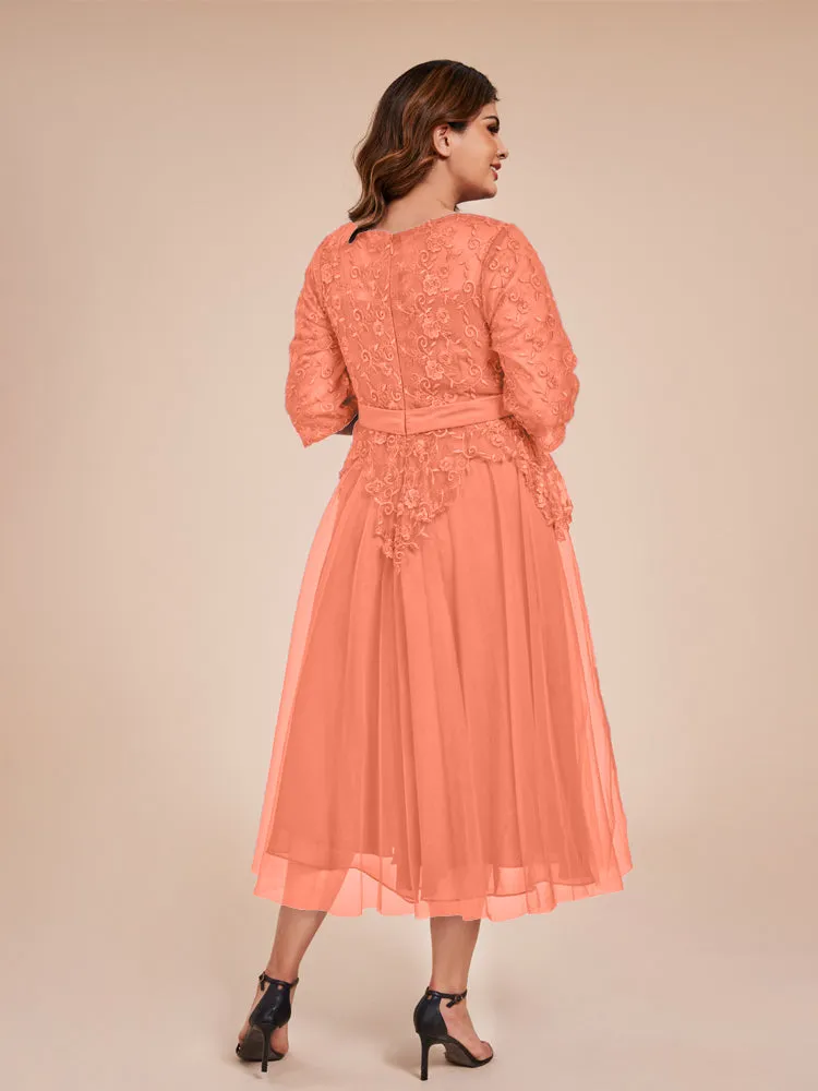 Lace Bodice 3/4 Length Sleeves Tea-Length Chiffon Mother Of The Bride Dress With Belt