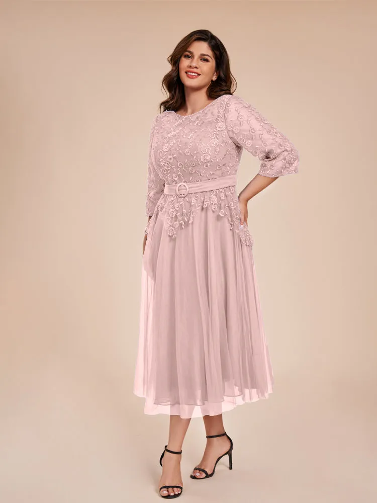 Lace Bodice 3/4 Length Sleeves Tea-Length Chiffon Mother Of The Bride Dress With Belt