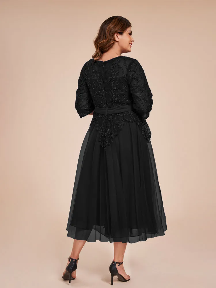 Lace Bodice 3/4 Length Sleeves Tea-Length Chiffon Mother Of The Bride Dress With Belt