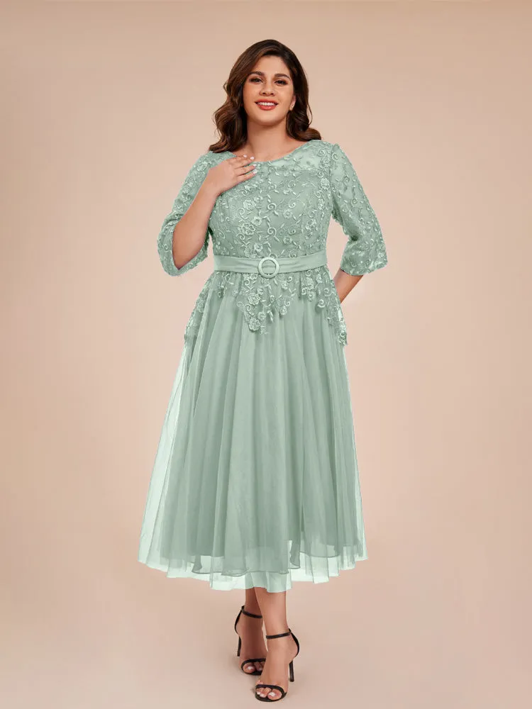 Lace Bodice 3/4 Length Sleeves Tea-Length Chiffon Mother Of The Bride Dress With Belt