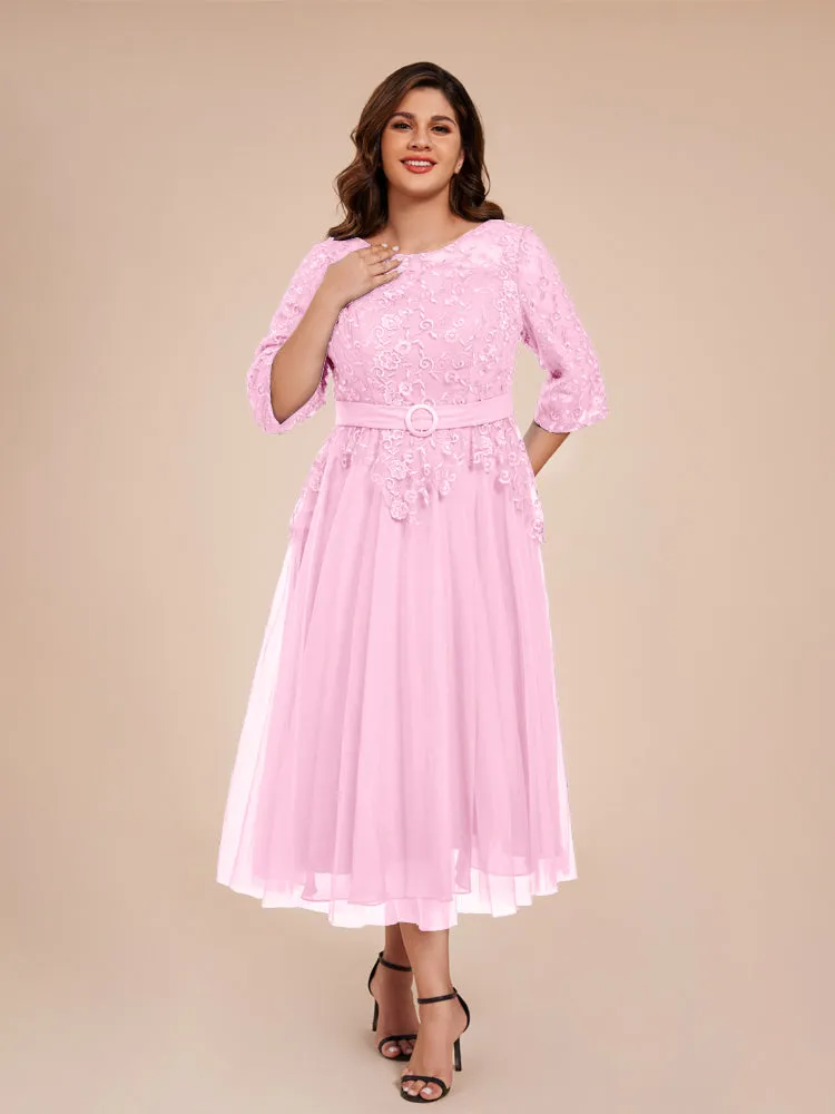 Lace Bodice 3/4 Length Sleeves Tea-Length Chiffon Mother Of The Bride Dress With Belt