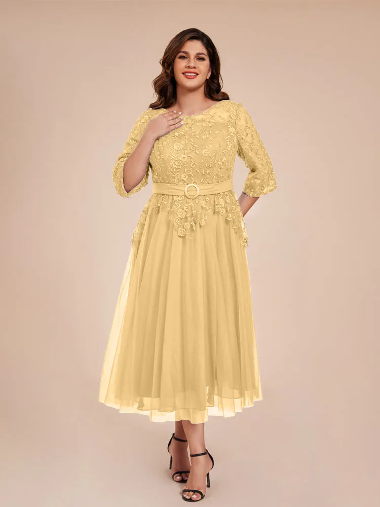 Lace Bodice 3/4 Length Sleeves Tea-Length Chiffon Mother Of The Bride Dress With Belt