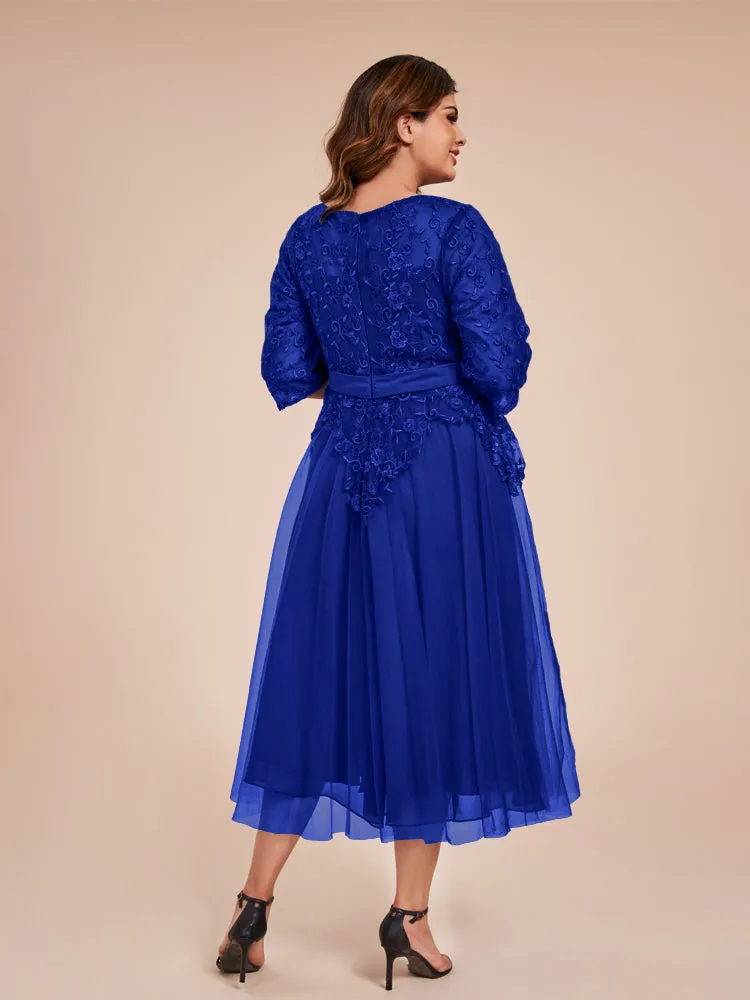 Lace Bodice 3/4 Length Sleeves Tea-Length Chiffon Mother Of The Bride Dress With Belt