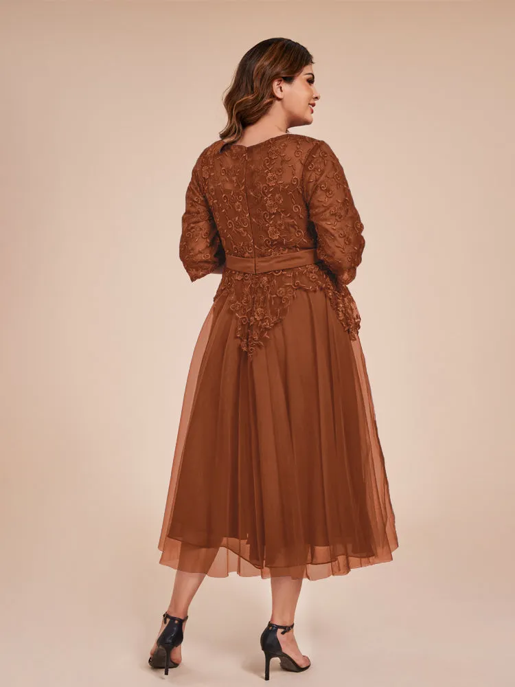 Lace Bodice 3/4 Length Sleeves Tea-Length Chiffon Mother Of The Bride Dress With Belt