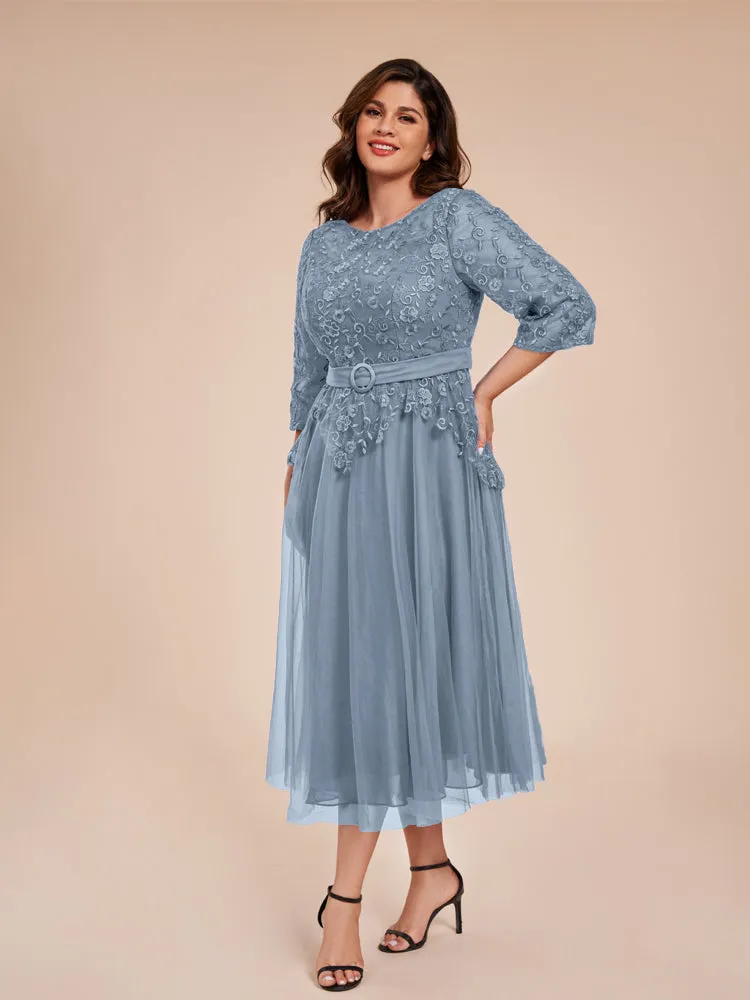 Lace Bodice 3/4 Length Sleeves Tea-Length Chiffon Mother Of The Bride Dress With Belt