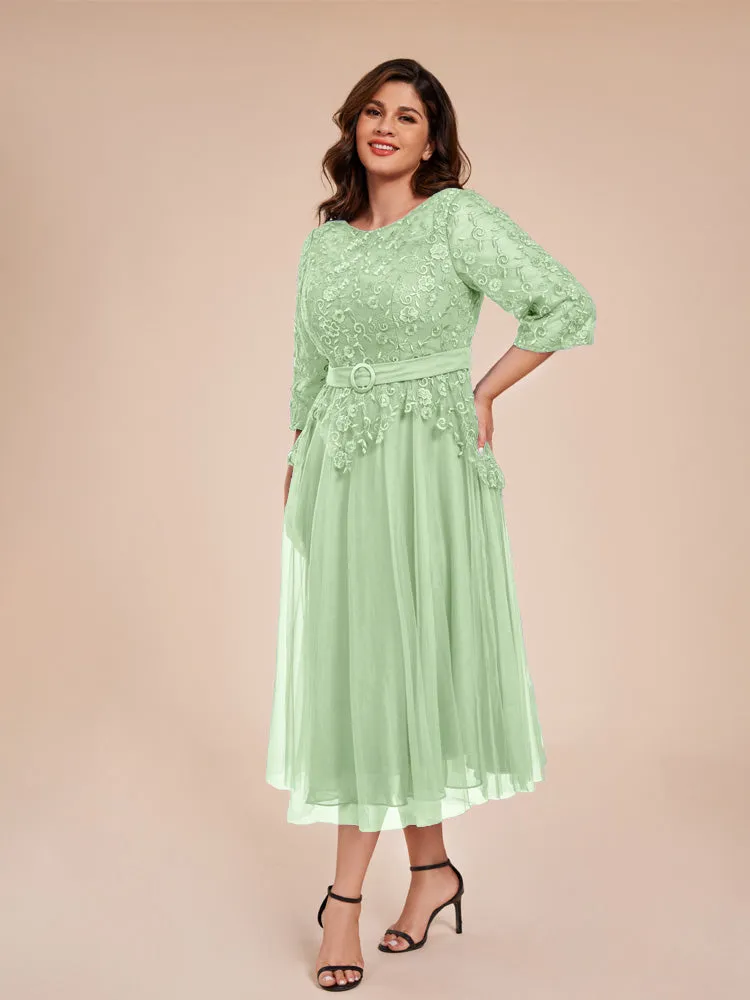 Lace Bodice 3/4 Length Sleeves Tea-Length Chiffon Mother Of The Bride Dress With Belt
