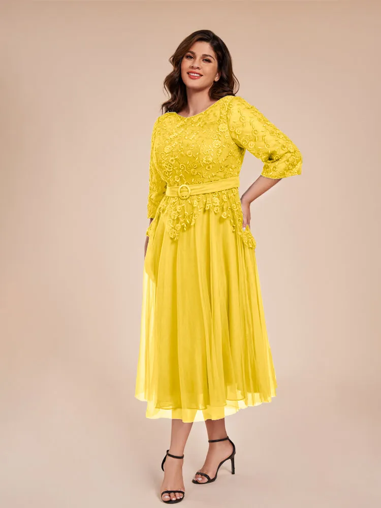 Lace Bodice 3/4 Length Sleeves Tea-Length Chiffon Mother Of The Bride Dress With Belt