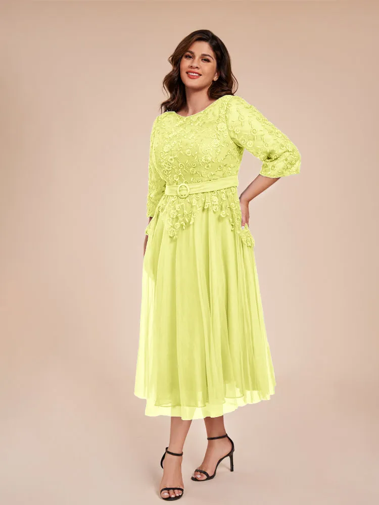 Lace Bodice 3/4 Length Sleeves Tea-Length Chiffon Mother Of The Bride Dress With Belt