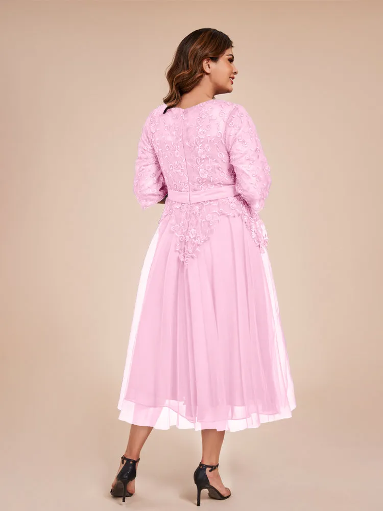 Lace Bodice 3/4 Length Sleeves Tea-Length Chiffon Mother Of The Bride Dress With Belt