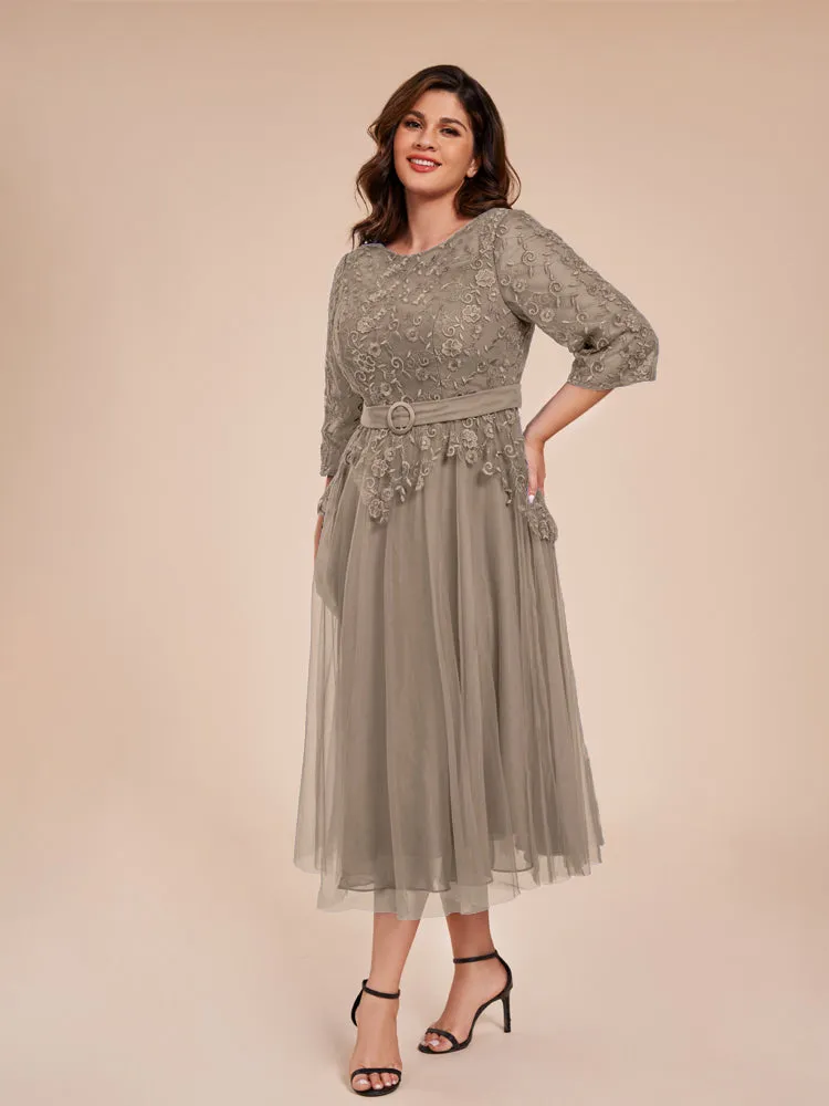 Lace Bodice 3/4 Length Sleeves Tea-Length Chiffon Mother Of The Bride Dress With Belt