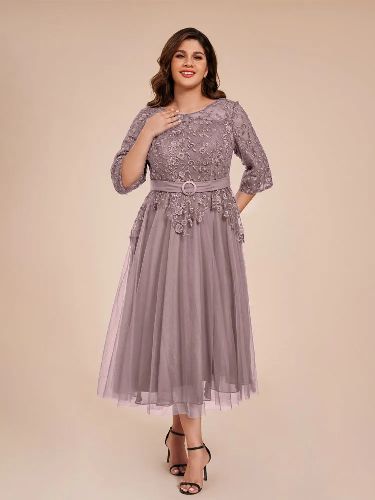 Lace Bodice 3/4 Length Sleeves Tea-Length Chiffon Mother Of The Bride Dress With Belt
