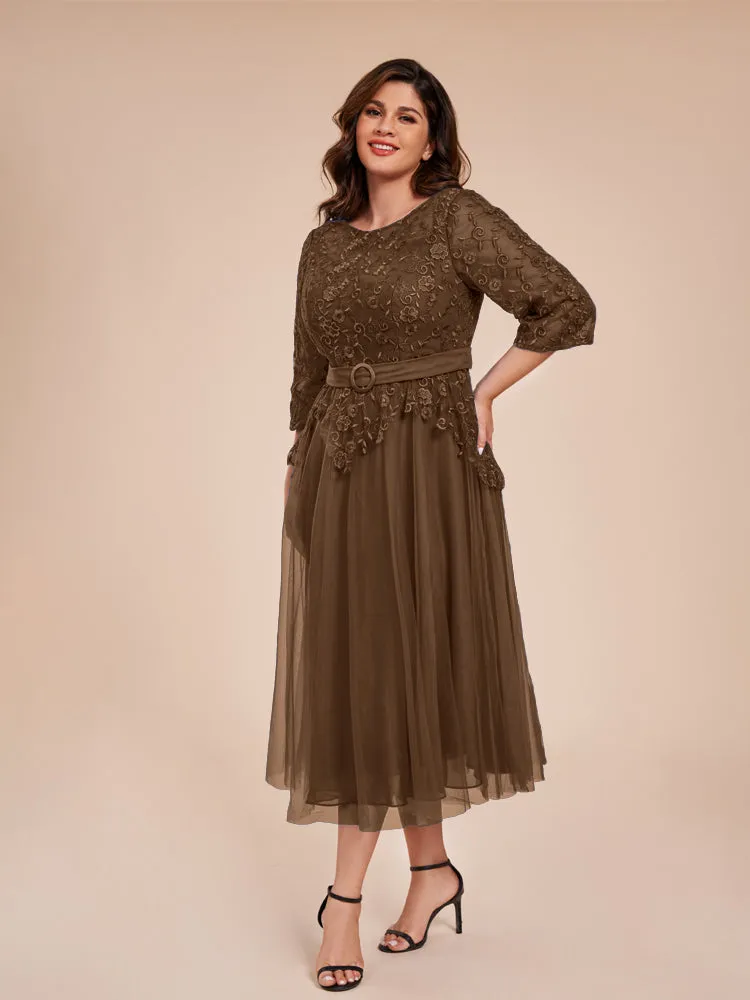 Lace Bodice 3/4 Length Sleeves Tea-Length Chiffon Mother Of The Bride Dress With Belt