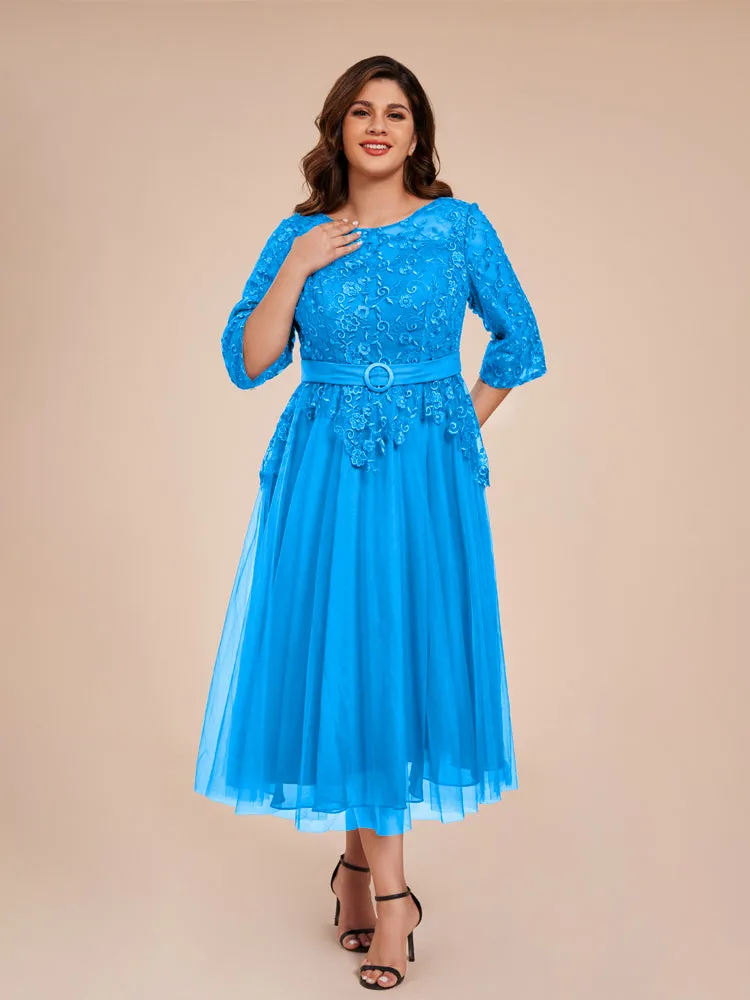 Lace Bodice 3/4 Length Sleeves Tea-Length Chiffon Mother Of The Bride Dress With Belt