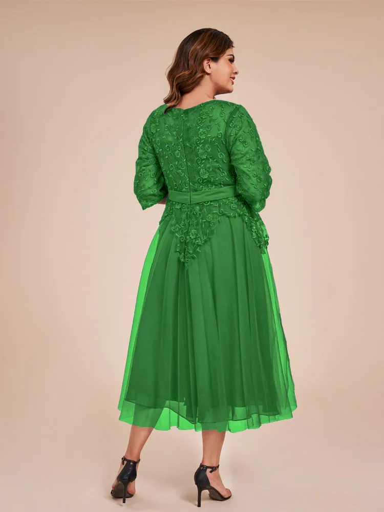 Lace Bodice 3/4 Length Sleeves Tea-Length Chiffon Mother Of The Bride Dress With Belt