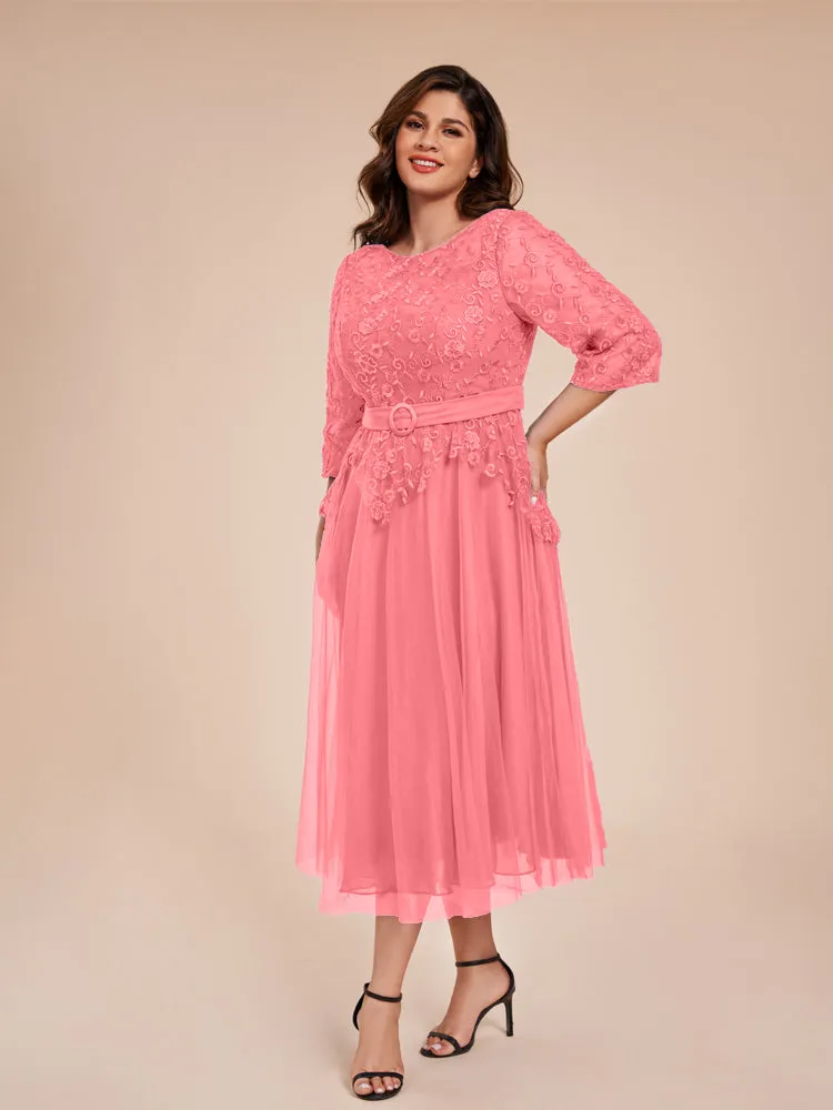 Lace Bodice 3/4 Length Sleeves Tea-Length Chiffon Mother Of The Bride Dress With Belt