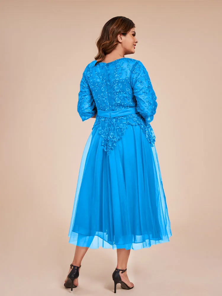 Lace Bodice 3/4 Length Sleeves Tea-Length Chiffon Mother Of The Bride Dress With Belt