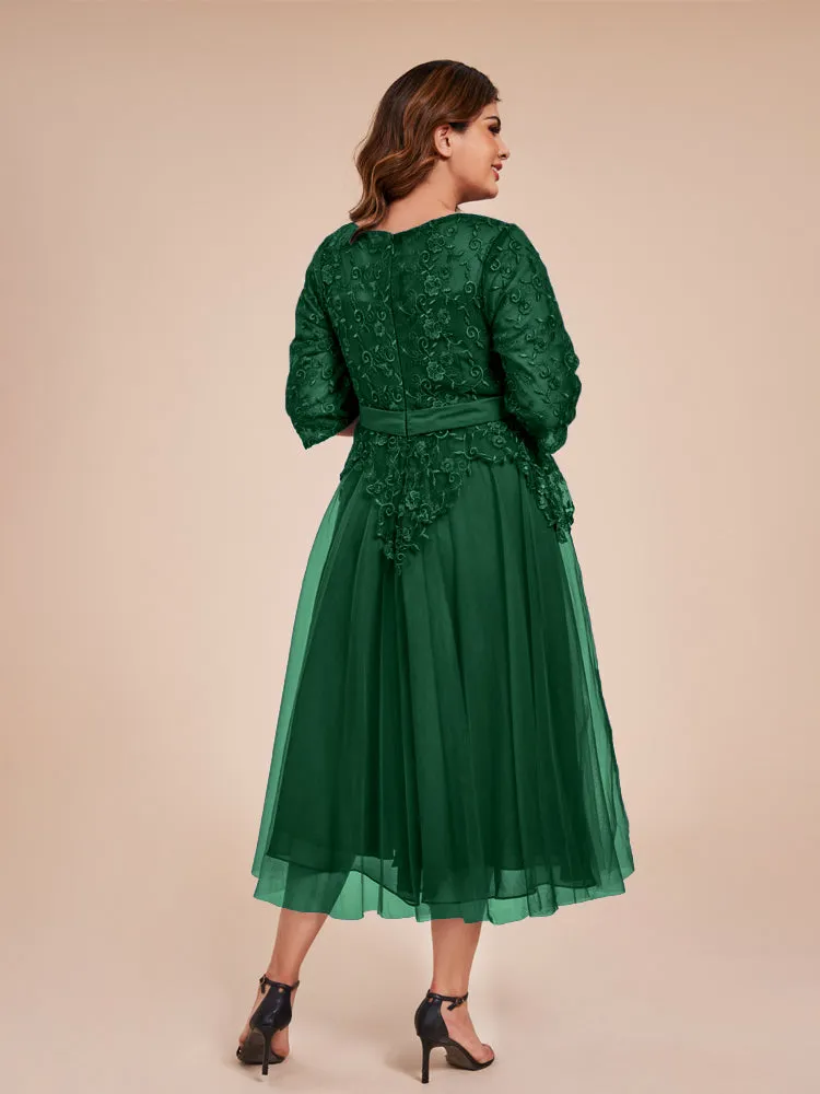 Lace Bodice 3/4 Length Sleeves Tea-Length Chiffon Mother Of The Bride Dress With Belt