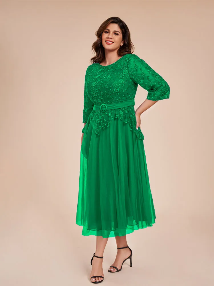 Lace Bodice 3/4 Length Sleeves Tea-Length Chiffon Mother Of The Bride Dress With Belt
