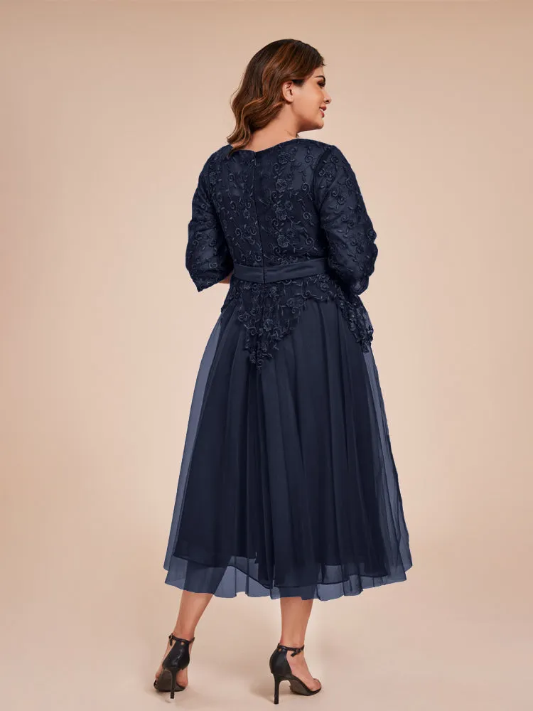 Lace Bodice 3/4 Length Sleeves Tea-Length Chiffon Mother Of The Bride Dress With Belt