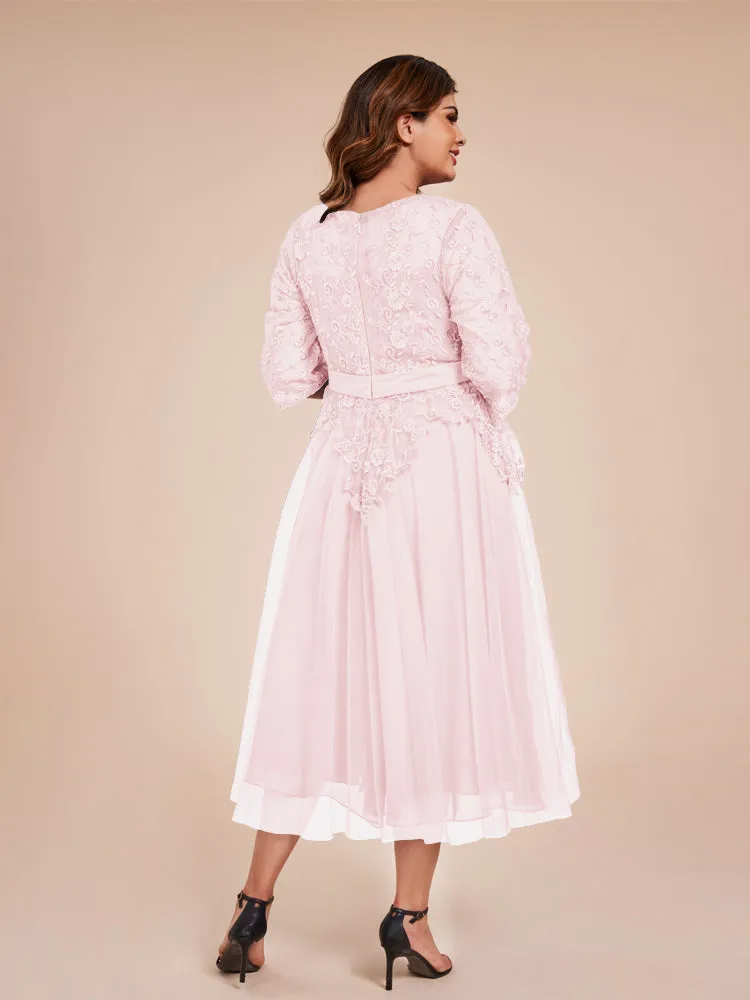 Lace Bodice 3/4 Length Sleeves Tea-Length Chiffon Mother Of The Bride Dress With Belt