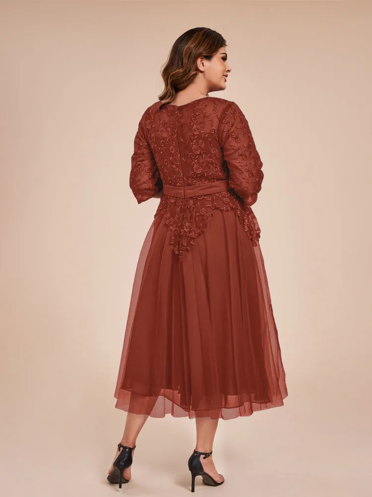 Lace Bodice 3/4 Length Sleeves Tea-Length Chiffon Mother Of The Bride Dress With Belt