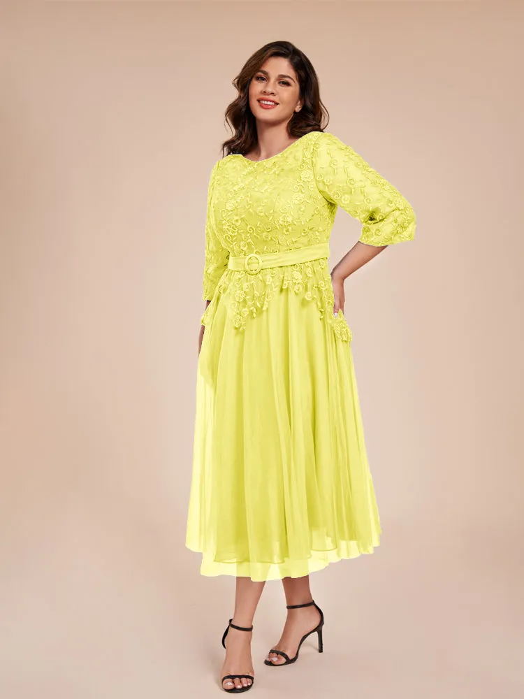 Lace Bodice 3/4 Length Sleeves Tea-Length Chiffon Mother Of The Bride Dress With Belt
