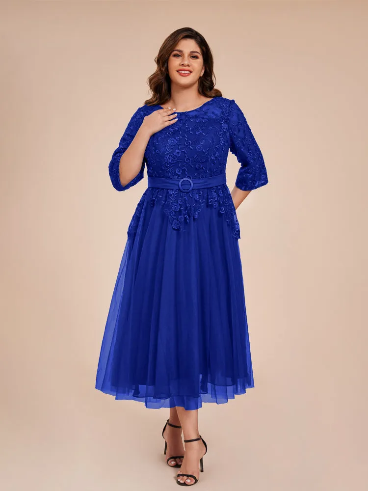 Lace Bodice 3/4 Length Sleeves Tea-Length Chiffon Mother Of The Bride Dress With Belt