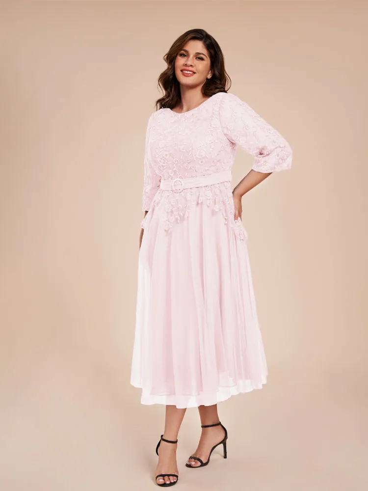 Lace Bodice 3/4 Length Sleeves Tea-Length Chiffon Mother Of The Bride Dress With Belt