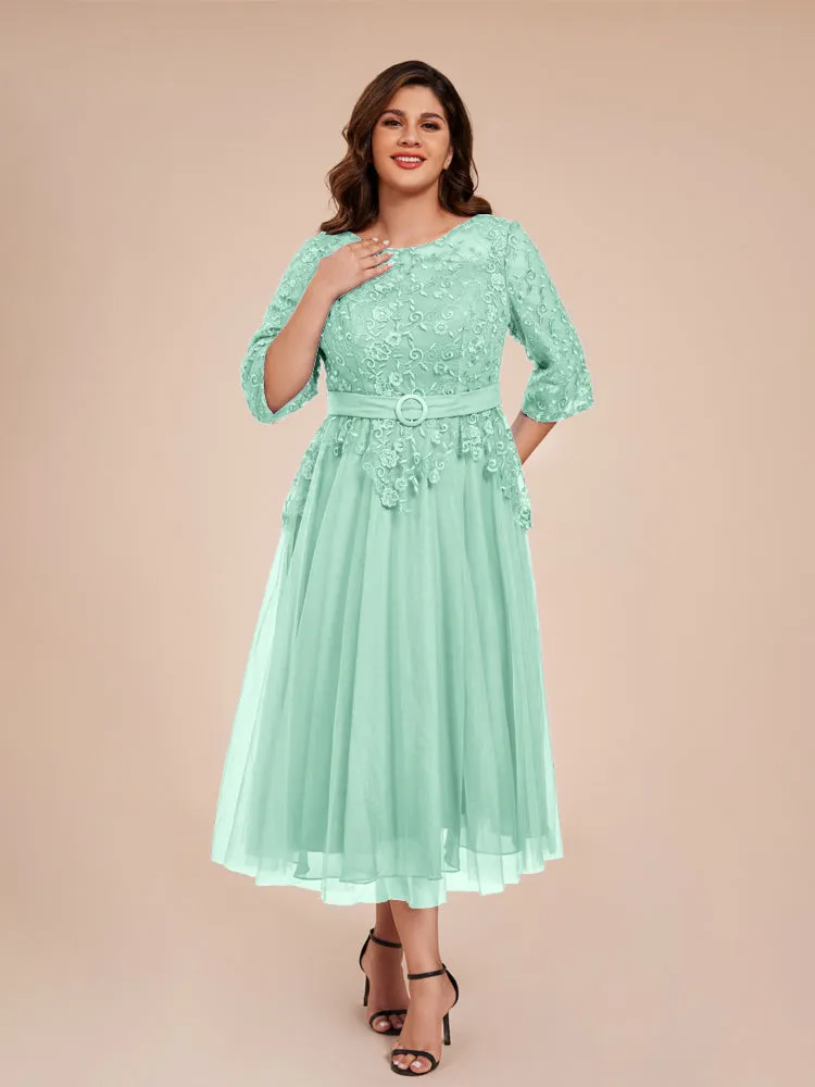 Lace Bodice 3/4 Length Sleeves Tea-Length Chiffon Mother Of The Bride Dress With Belt