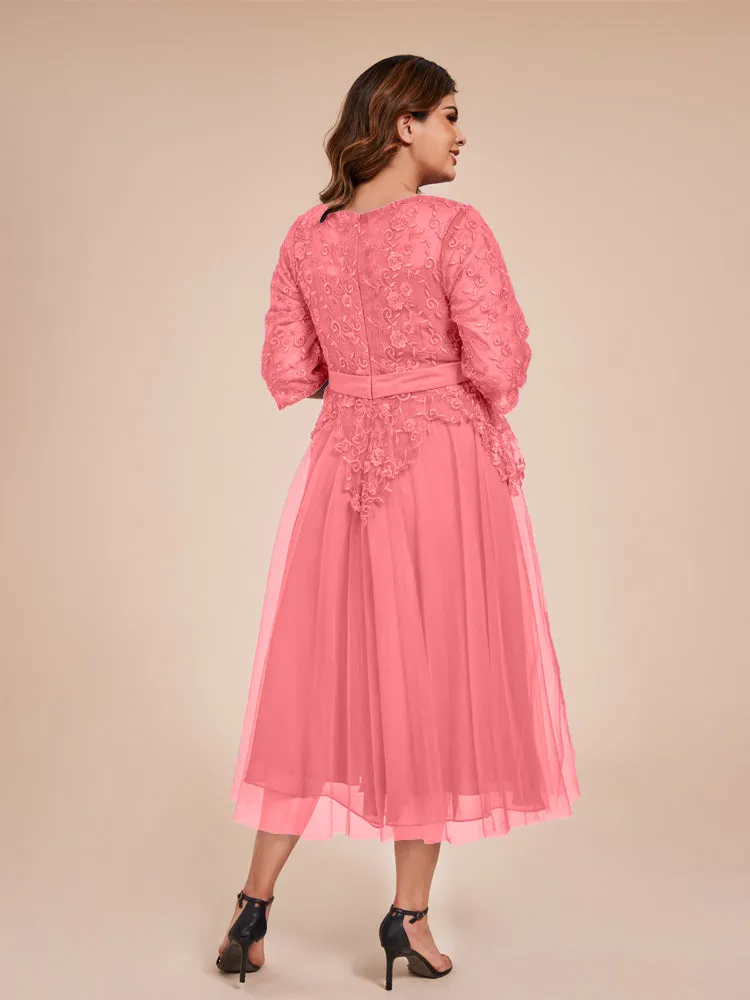 Lace Bodice 3/4 Length Sleeves Tea-Length Chiffon Mother Of The Bride Dress With Belt