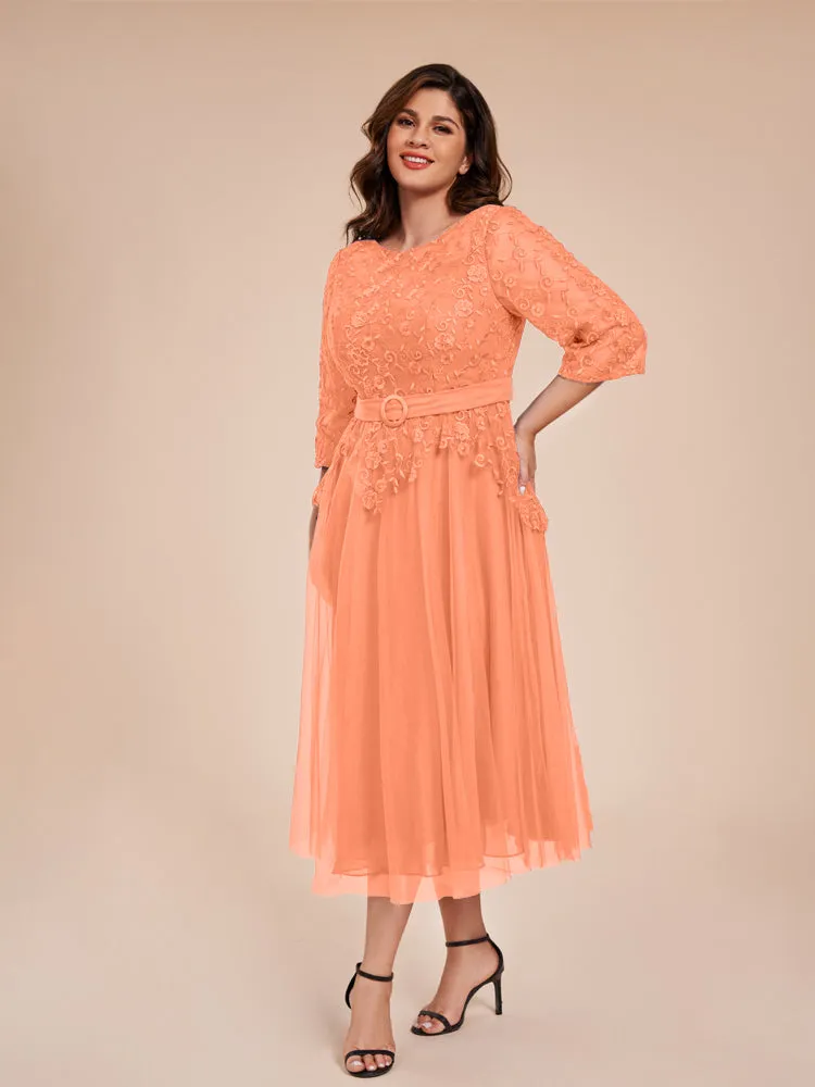 Lace Bodice 3/4 Length Sleeves Tea-Length Chiffon Mother Of The Bride Dress With Belt